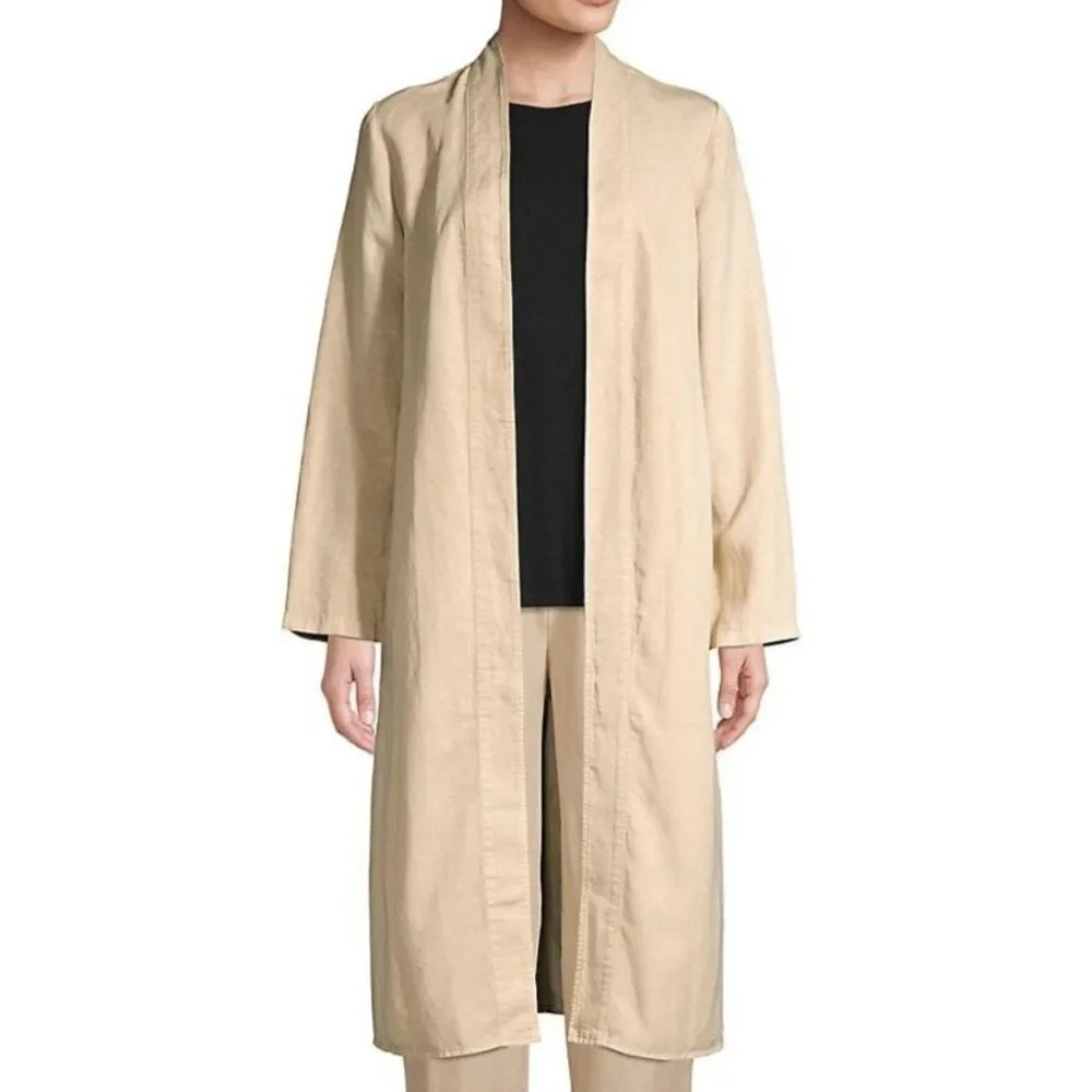 Eileen Fisher tencel linen kimono duster jacket light beige khaki small